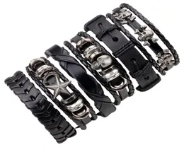 6pcsset nero in pelle intrecciata bracciale punk cranio pentagram stella multistrayer multistrato bracciale regolabile rock6479713