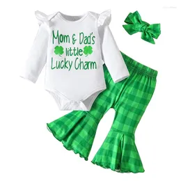 Zestawy odzieży Pudcoco Baby Girls Fall Strój Letki z długim rękawem Shamrock Romper z kratą Flare Pants Opasek na wakacje 3-24m