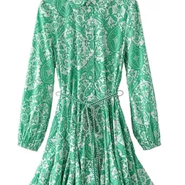 Fashion Green Sleeve Shirt Gürtel Frau Rüsche Vintage Kleid Drucken Frauen Kleider Kurzmini Kleider Lange Kleider 220526 Freizeit für Oxjgq