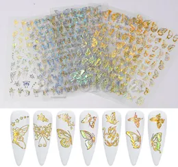 Adesivos holográficos de obras de arte da arte de borboleta 3D adesivas coloridas decalques de transferência de unhas de prata dourada de ouro