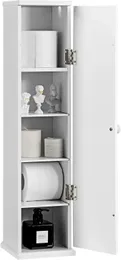 Small Bathroom Storage Cabinet Free Standing Toilet Paper Holder with 4 Shelves Door Top Slot Organizers Stand 240420