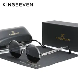 Kingseven yüksek kaliteli gotik steampunk güneş gözlükleri kutuplaşmış erkekler kadın marka tasarımcısı vintage yuvarlak metal çerçeve güneş gözlükleri 240425