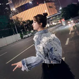 Kvinnorjackor 2024 Spring Women Harajuku Jeans Jackatrock Fina Tassel Applices Floral Loose Denim Ytterkläder Fashion Girl Beading Coats