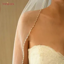 Jóias de cabelo de casamento TopQueen Véias de noiva elegantes véu de casamento com miçangas de cristal com pérolas Cristal Edge 1 Catedral de camadas Noivas 2023 Acessórios V197