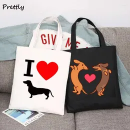 Einkaufstaschen süße Cartoon -Dackel in Love Canvas Shopper Umhängetasche Big Women Hunde Handtaschen Tote Frau Lebensmittelstoff Stoff