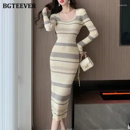 Casual Dresses BGTEEVER Autumn Winter Fashion Square Collar Ladies Knitted Striped Dress Elegant Long Sleeve Female Package Hip Sweater