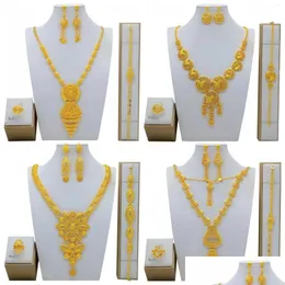 Earrings Necklace Set Dubai 24K Gold Plated Jewelry Arab Bride Bracelet Ring Bu10201 Drop Delivery Sets Dhviz
