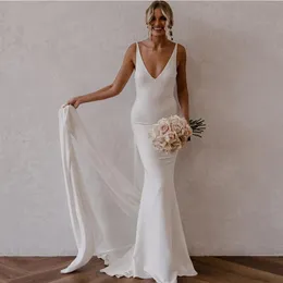 Sexy Mermaid Crepe V-Neck Wedding Dresses Long Pleated Ivory Vestido de novia Trumpet Bridal Gowns with Ribbon for Women
