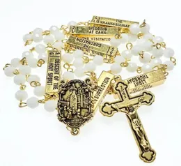 Colares pendentes Rosário religioso de vidro de vidro branco de 6 mm com Fátima Centor Cingapura Católico Antque Gold Metal9275334