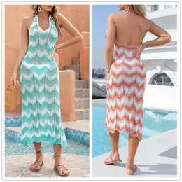 Strandoutfits für Frauen vertuschen Pareo Sommer 2024 Stricke Wellenstreifen sexy Rückenless Sonnenschutz Bikini Solid Polyester Kleid