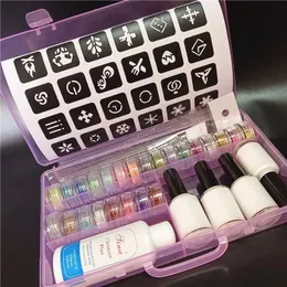 Tattoo Transfer Glitzerfarben Schimmer Pulver Kleber Pinsel Hohlvorlage Kit für temporäre Tattoo Kinder Gesicht DIY Maniküre Nagelkunst 240426