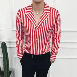 Мужские повседневные рубашки Красное полосатое платье мужское мужественное подходящее для корейской моды Erkek Gomlek Social Blous
