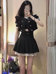 Black French Vintage Duas peças Conjunto Women College Style Lace Skiot Skirt Terne feminino Mini Sweet Mini Summer 240425