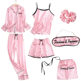 7 -teilige Sets Pyjamas Herbst Womens Anzug Ice Seide Seide Seidenrosa Striped Pyjama Outwear Home Anzug Pijama 240426