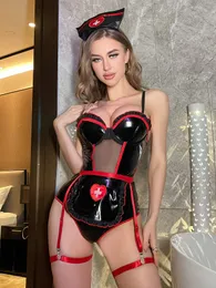 Kvinnors sömnkläder Kvinnors sexiga pressade upp spaghetti rand rollplay sjuksköterska bodysuit lady stilig klänning upp fest cosplay doktor pu kostymer