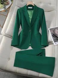 Офисные женские формальные брюки костюм 2 куска Женщины зеленый хаки красный женский женский с длинным рукавом носить пиджак и брюки 240423