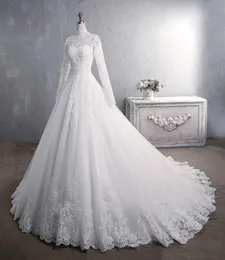 Real Po Princess Luxury Lace Wedding Dresses High Collar Long Maniche Applicated Celebrity Abito da ballo da sposa Muslim Vestido1773027