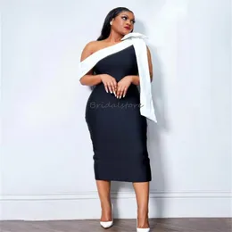 Black White Evening Dresses 2024 Plus Size Black Women One Shoulder Prom Dress Tea Length Birthday Cocktail Dress Formal Occasion Dinner Club Party Wear Skirt