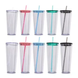 Wiederverwendbare 16oz 24 Unzen Plastik Tumbler Doppelwand Isoliert transparente Acrylbecher Klassische Reise -Trinksaftgetränk Sippy Tassen mit Deckel und Strohhalm 5 Farbe