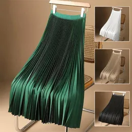 Women Vintage Midi Skirt Wide Elastic Waistband High Waist Pleated ALine Solid Color Smooth Satin Long 240420