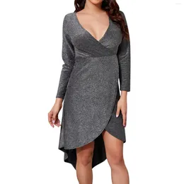 Casual Dresses Women Elegant Bright Silk Tuxedo Dress Front Split Party Evening Vestidos Autumn Deep V-Neck Long Sleeve Robe Femme