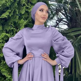 Ethnische Kleidung elegante hohe Nacken Satin Femme Vestido Muslim Frauen Abayat Arabische Türkei Manschette Bow Kaftan Dubai Lange Frau Abendkleider