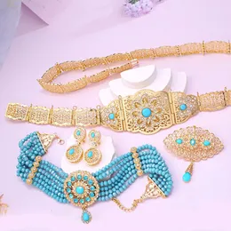 Blue Stone Jewelry Set Gold Plated Marockan Turkish Caftan Wedding Belt Necklace Earring Muslim Set Arabic Bijoux Femme 240410