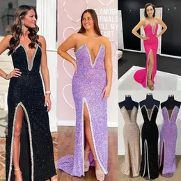 Sequin askısız resmi parti elbise yarık kristal v yaka sütun ünlü Lady Pageant Balo Akşam Etkinliği Özel Durumu Hoco Gala Kokteyl Kırmızı Halı Pist Elbisesi