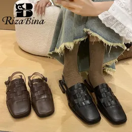 Kleidungsschuhe Rizabina Real Leder Frauen flaches Gewebe Design Schnallen Schnalle Gurt Slingback Ladies Mode Square Toe Casual Handmade