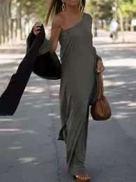 فساتين غير رسمية سيدة صلبة فضفاضة منحدرت الكتف فستان النساء الأنيقة طوق قطري واحد