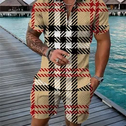 Summer Men Polo Shirt Set Set tracce Cucciamento Vintage Outfit Hawaii 2 pezzi Casualmente Abito da business Trun Down Collar Zip abbigliamento 240410