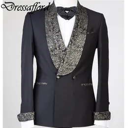 Black Due pezzi Uomini Suit Gordous Gold Jacquard Weave Formale Blazer Groom Wear (giacca + pantaloni)