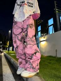 Roupas de rua calças de perna larga Pacockets de roupas femininas Graffiti Casual Casual Pantalon Womens High Wisty Straight Moda Y2K TRUSHERS 240426