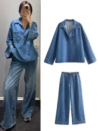 Kadın Denim İki Parçalı Setler 2024 Sping Yaz Mavi Uzun Kollu Yatak Yatak Tasarladı En İyi Geniş Bacak Pantolonları Kadın Basit Takımları 240419