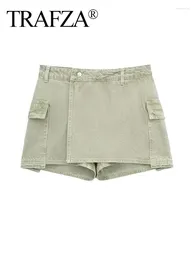 Women's Shorts TRAFZA 2024 Spring Fashion Wrap Style Green Denim Culottes Vintage Mid Waist A-Line Pockets Versatile Chic Pantskirts