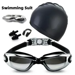 Adult Swimming Suit HD Anti-fog Swimming Goggles Set Waterproof Silicone Nose Clip Earplugs Swimming Goggles Set and cap Men 240426