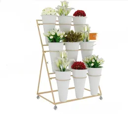 Förvaringshållare Racks Black Flower Display Stand 12 x hinkar 3 lager Metallväxttack med hjul