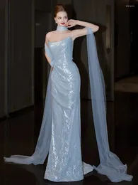 Runway Dresses Fairy Blue Celebrity Strapless Sequined Ribbon Pleat Illusion Luxurious Sparkly Mermaid Evening Party Gowns