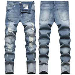 Jeans maschi patchwork complesso complesso nostalgico scimmia punto di splash elaborate buchi pantaloni di moda piede