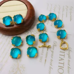 Classic Medieval vintage women necklace pure copper glazed inlay set haze blue bracelet earrings jewelry EAR-998