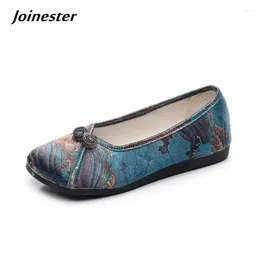 Casual Shoes Women Round Toe Ethnic Brodered Canvas Loafer Spring Summer Slip on Non-Skid Flat med traditionell knapp