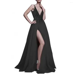 Party Dresses Sexy V Neck Evening With Slits 2024 Black Crystal Pärlade pärlor Backless Formal Prom -klänning