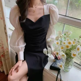 Sıradan Elbiseler 2024 Bahar Fransızca Zarif Midi Elbise Kadın Square Constor Puffer Sleeve Vintage Kadın Tatlı Partisi Bir Parça Koreli