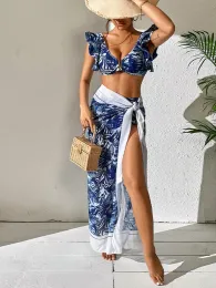 Suits Women Push Up SwimeWear Ruffle Printed Bikini Swimsuit Cover Up High Waist V Neck Bikini Set Summer Beach Fashion Bathing Suit