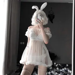 Bras sätter kawaii spetsar babydoll underkläder pajamas uppsättning för kvinnor utanför axeln tyll frestelse se genom klänning erotiska cosplay kostymer