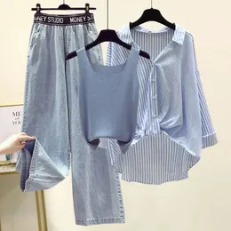Vestuário feminino de verão, senhoras casuais, colete de camisa larga calças de jeans de perna larga 3 peças letra de moda letra de jeans blusa 240412
