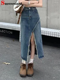 Kjolar chic split hög midja a-fodrad midi längd denim kjol koreansk design streetwear oregelbundna faldas kvinnor vår höst vintage saia