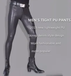 Spodnie plus rozmiar pu faux skórzana mężczyźni fitness spodnie super elastyczne jambskina pantshoses chude nogi klubowe scena sceniczna