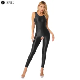 Öppnar Kvinnor Glossy Solid Color Sexy Open Crotch Tights Jumpsuit ärmlös Slim Fit Bodysuit Leggings Nightwear Catsuit Playwear