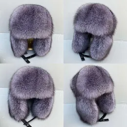 Full Unisex coberto de verdadeira chapéus azuis de verdadeira Fox de peles de peles russo Ushanka caçador caçador chapéu de ouvido tampa de tampa original